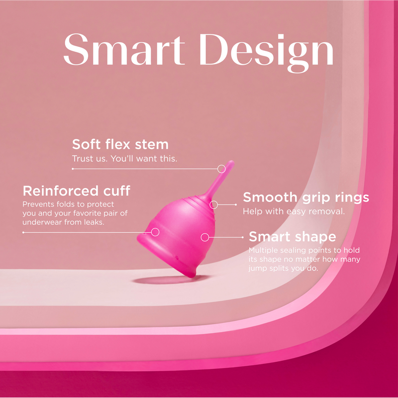Teen menstrual cup design: soft flex stem, smooth grip rings.