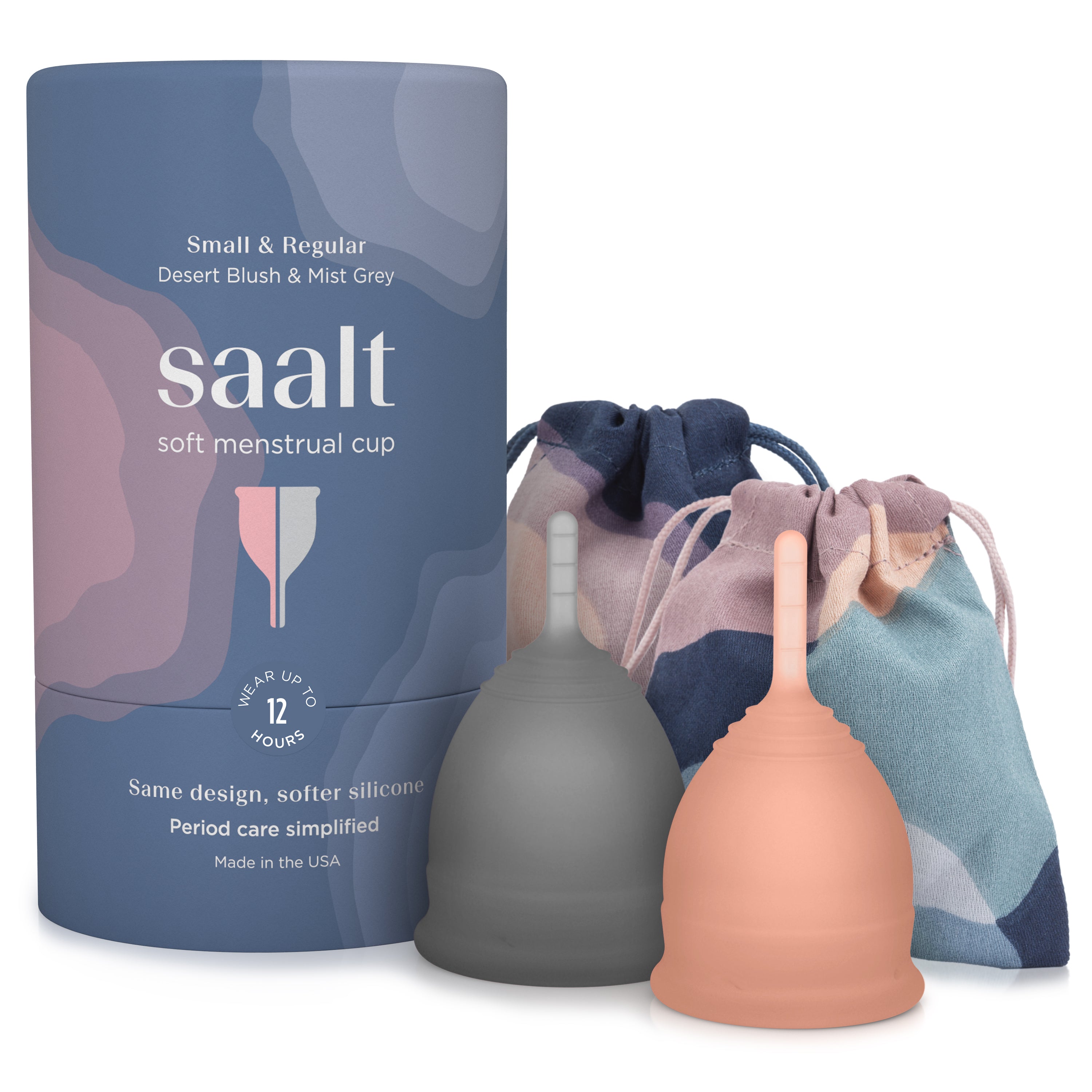Menstrual cup duo pack in blush and grey.