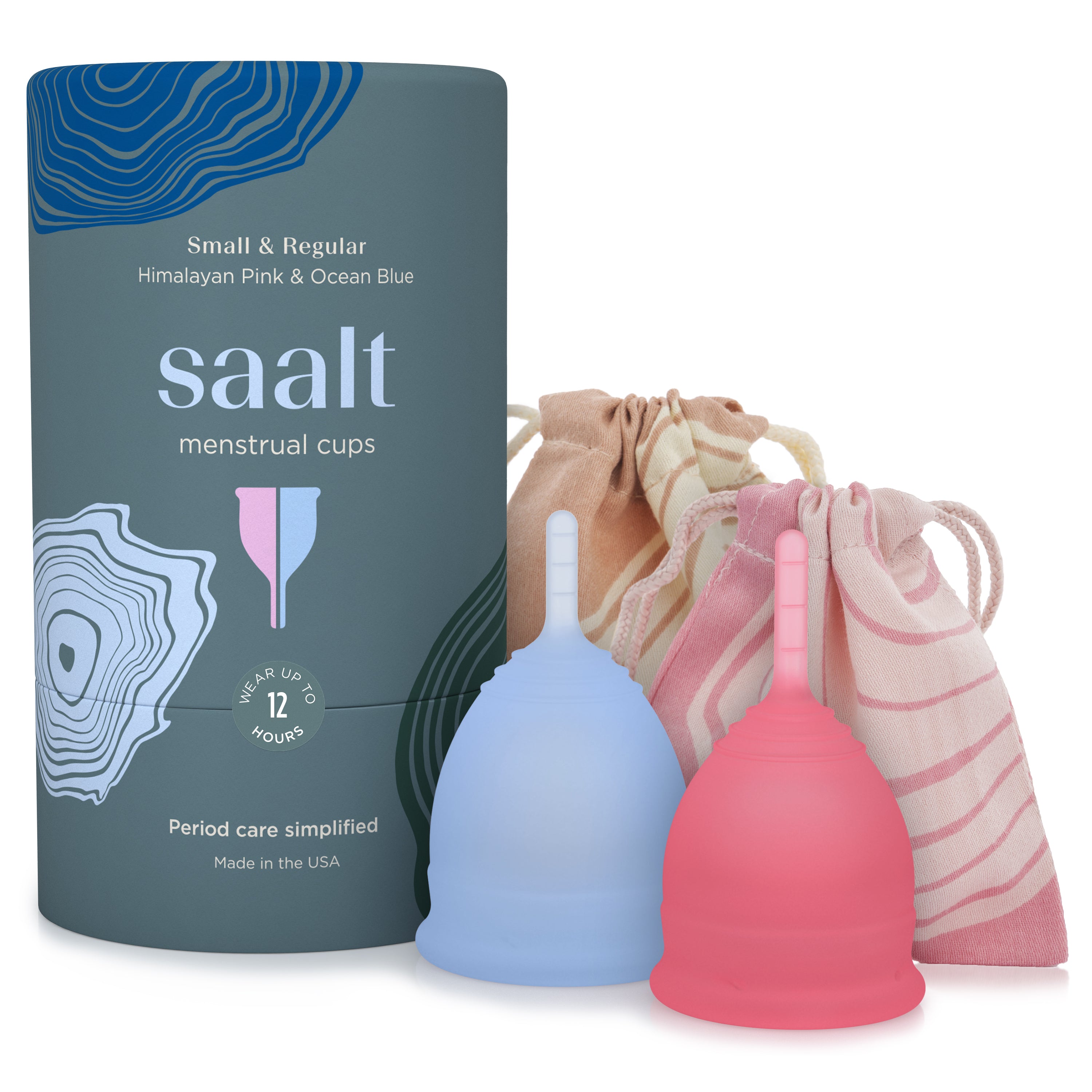 Menstrual cup duo pack in blue and pink.